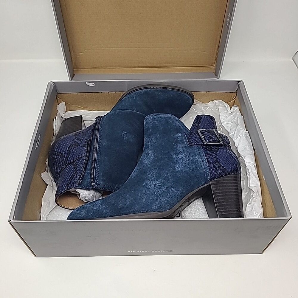 Vionic Naomi Suede Snake Trim Ankle Boots 7.5 Navy Block Heel Boho Western Chic